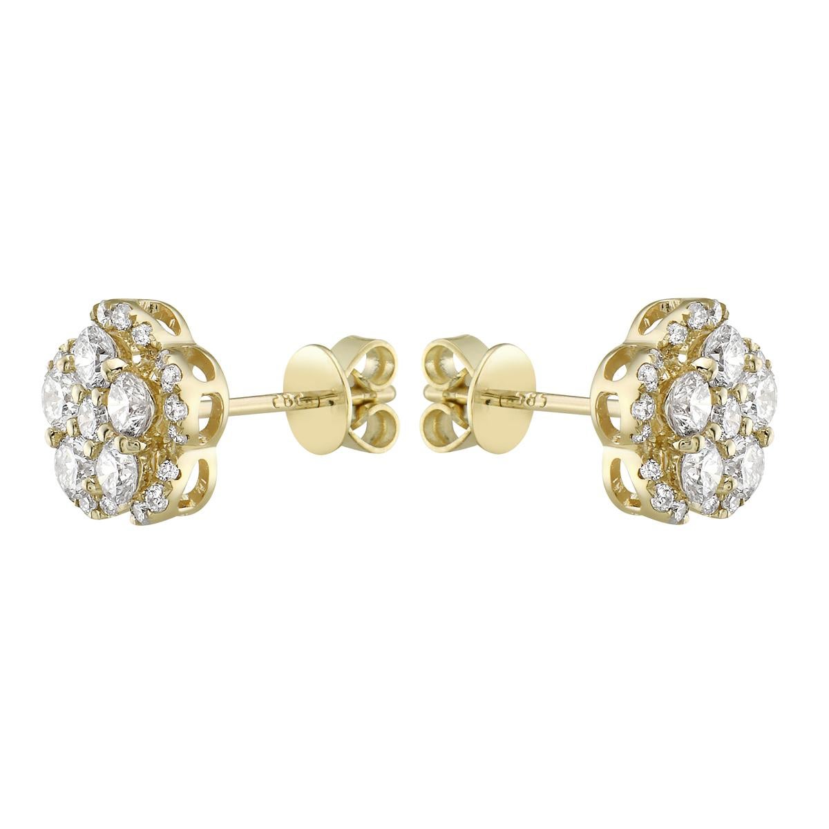 With these exquisite yellow-gold diamond studs, style and glamour are in the spotlight. These studs are set in 14-carat gold, made out of 2.0 grams of gold. The color of the diamonds is GH. The clarity is SI1-OSI2. These earrings are made out of 52