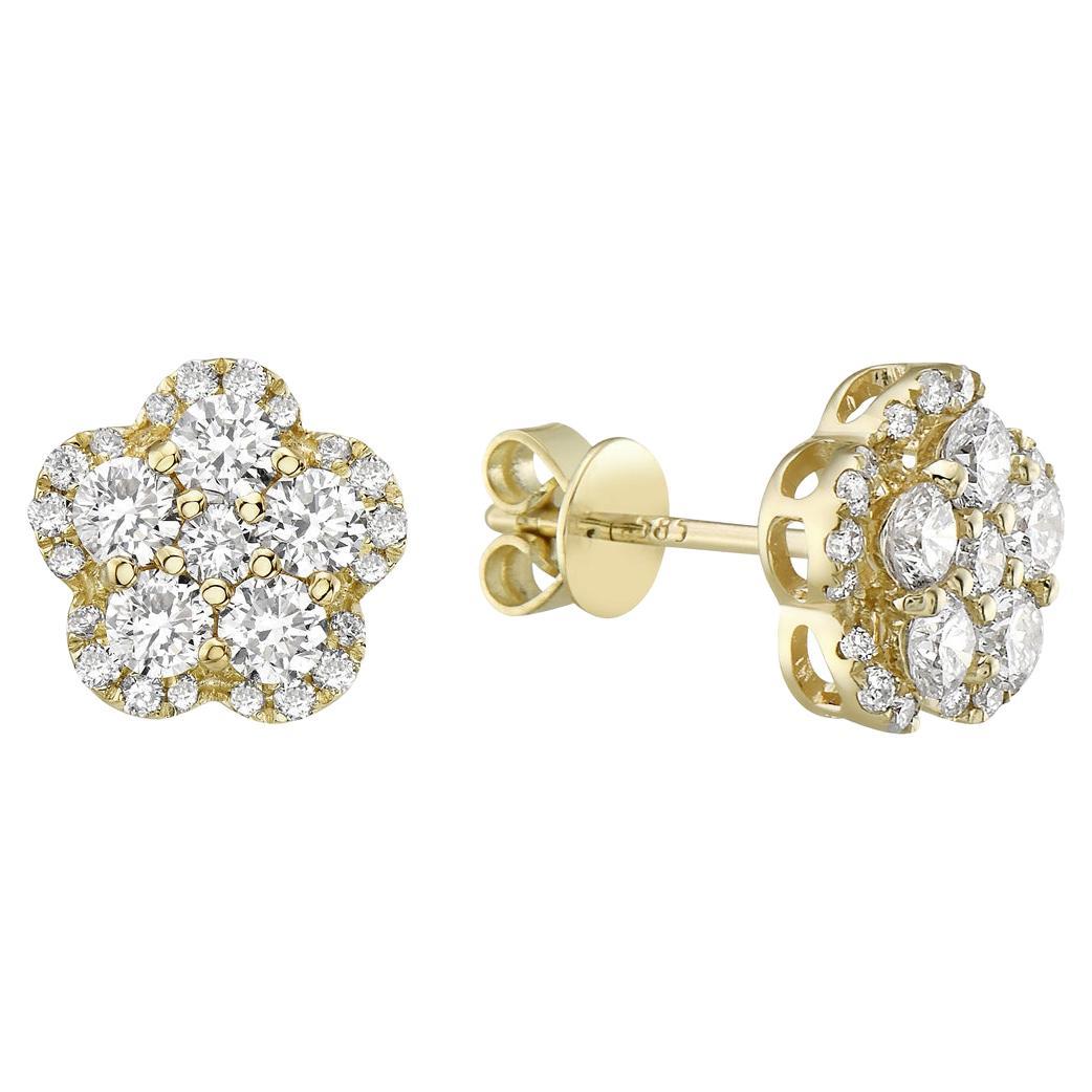 Yellow Gold Flower Diamond Studs For Sale