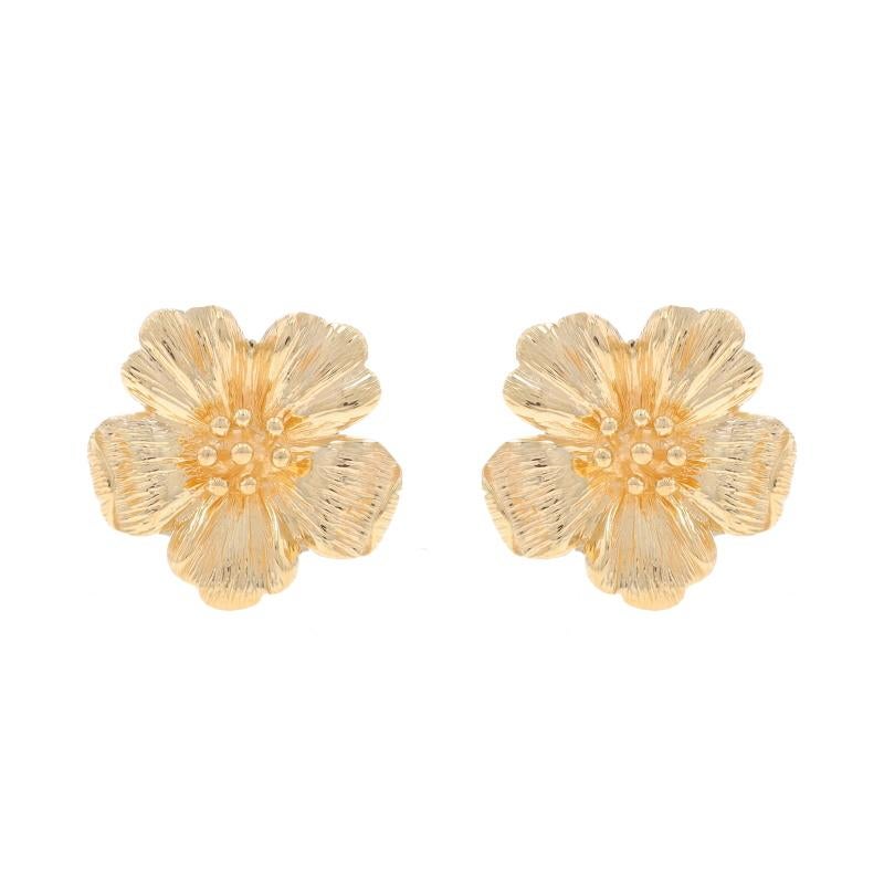 Metal Content: 14k Yellow Gold

Style: Large Stud
Fastening Type: Omega Closures
Theme: Flower, Blossoms

Measurements

Tall: 25/32
