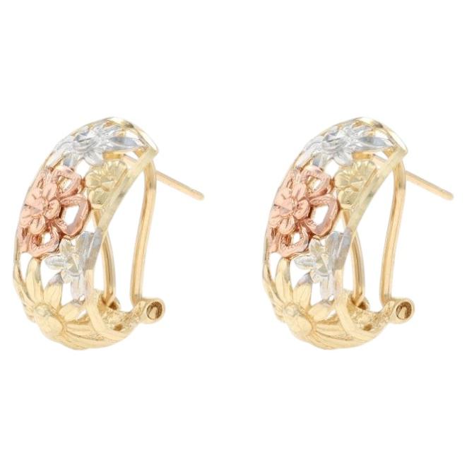 Yellow Gold Flower Trio J-Hoop Earrings - 14k Pierced