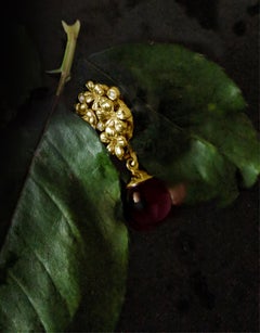 Yellow Gold Flowers Clip-on Drop Earrings with Diamonds and Detachable Garnets