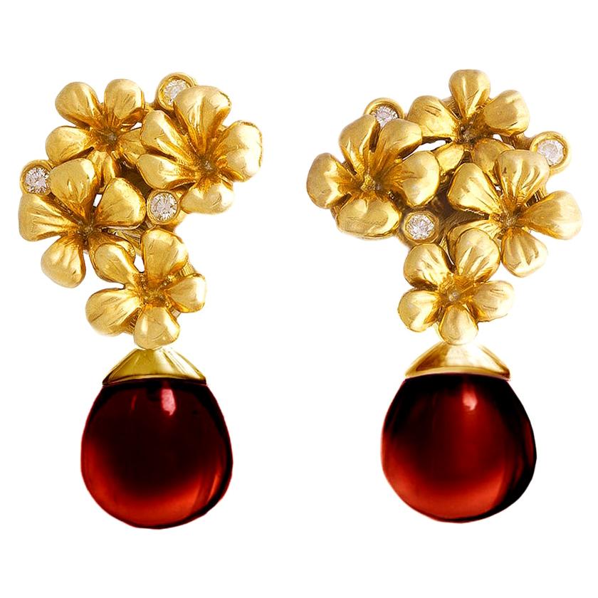 Yellow Gold Flowers Clip-on Drop Earrings with Diamonds and Detachable Garnets