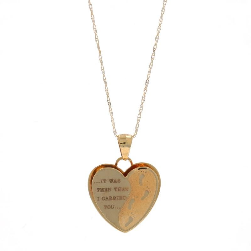 Metal Content: 10k Yellow Gold

Chain Style: Prince of Wales
Necklace Style: Chain
Fastening Type: Spring Ring Clasp
Theme: Footprints in the Sand Heart, Faith Poem, Love
Features: Smooth & Matte Finishes

Measurements

Item 1: Pendant
Tall (from