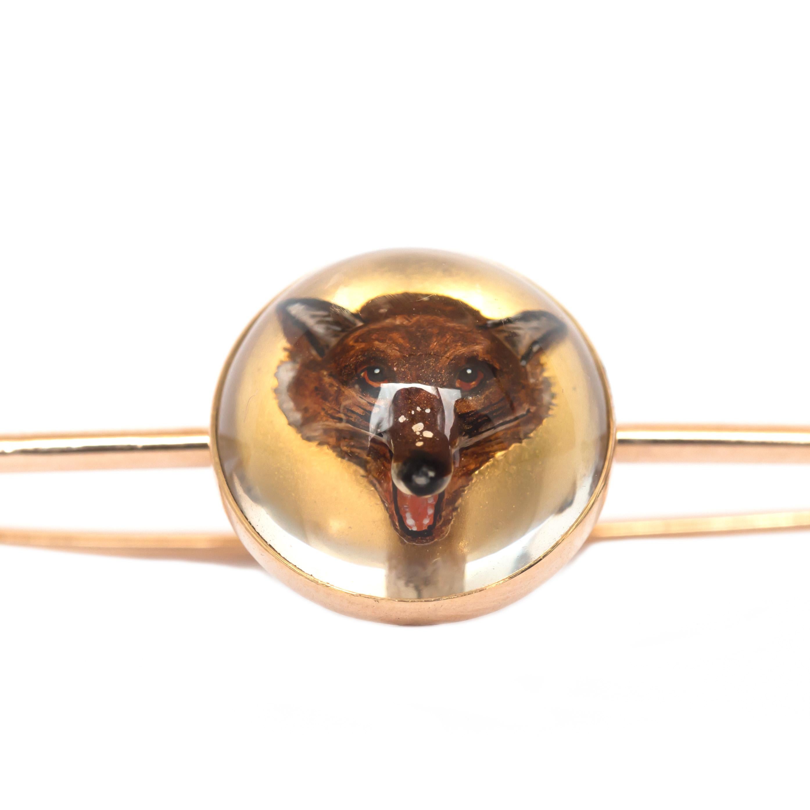 Item Details: 
Length: 2.13 inches 
Metal Type: 14 karat Yellow Gold 
Weight: 5.6 grams

Center Info: Glass with Fox 

Finger to Top of Stone Measurement: 2.54mm 