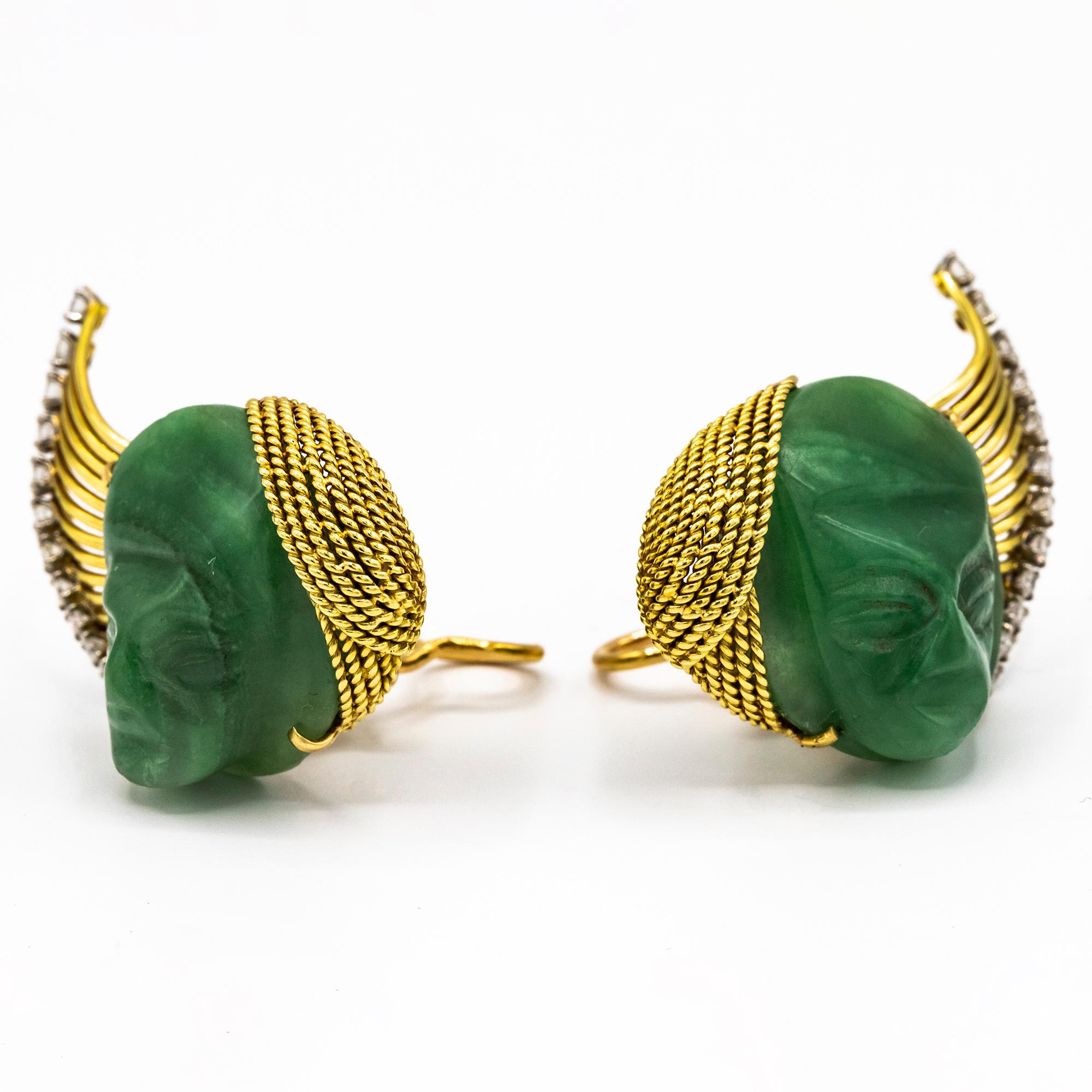 Modern Yellow Gold French Carved Green Jade Faces Diamond Ear Clips Earrings For Sale