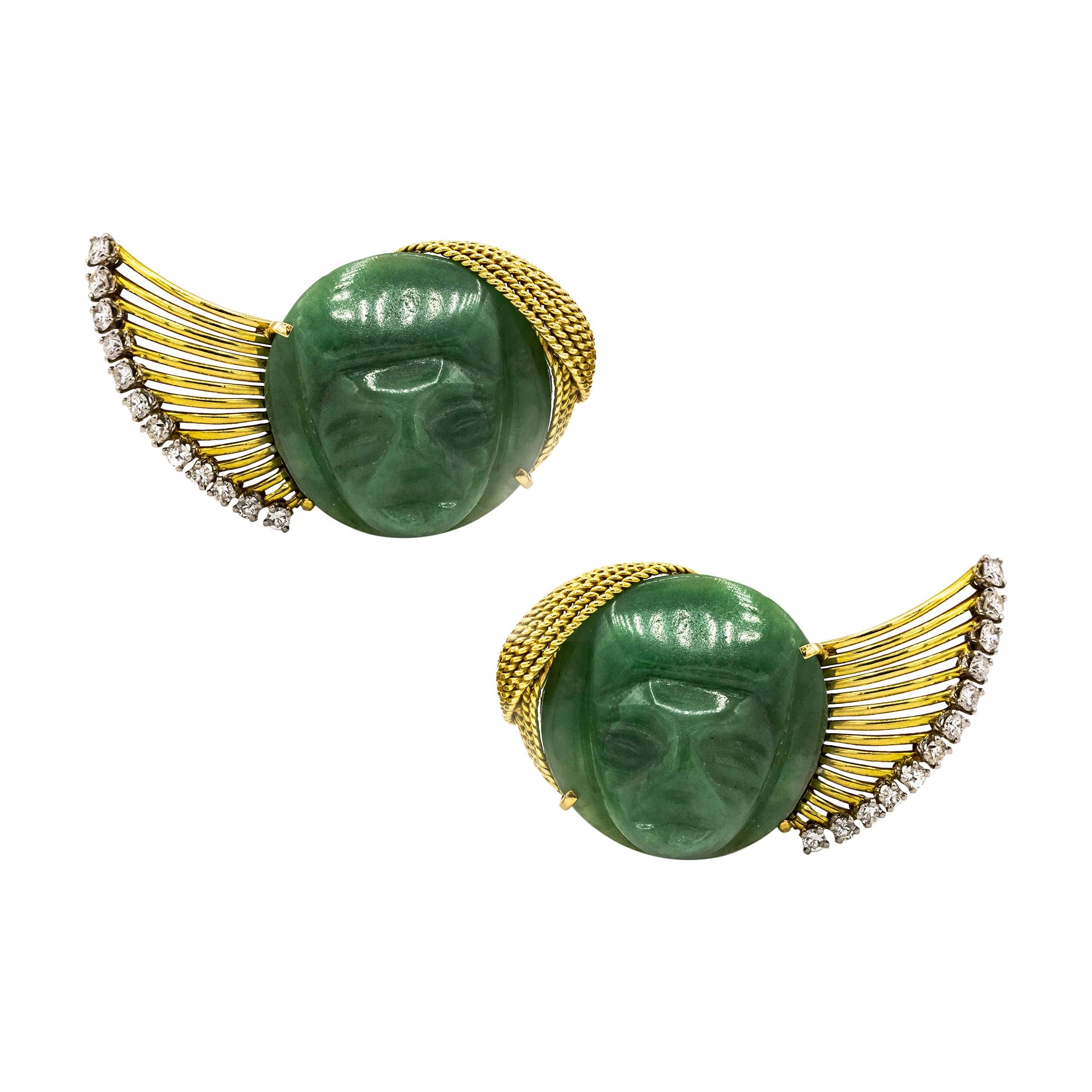 Yellow Gold French Carved Green Jade Faces Diamond Ear Clips Earrings For Sale