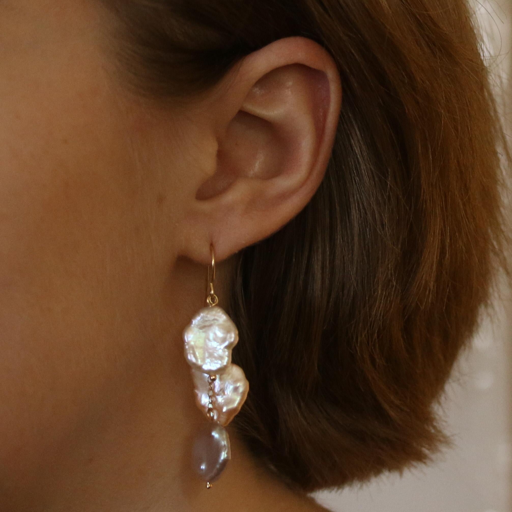 Bead Yellow Gold Freshwater Baroque Pearl Dangle Earrings, 14k Pierced For Sale