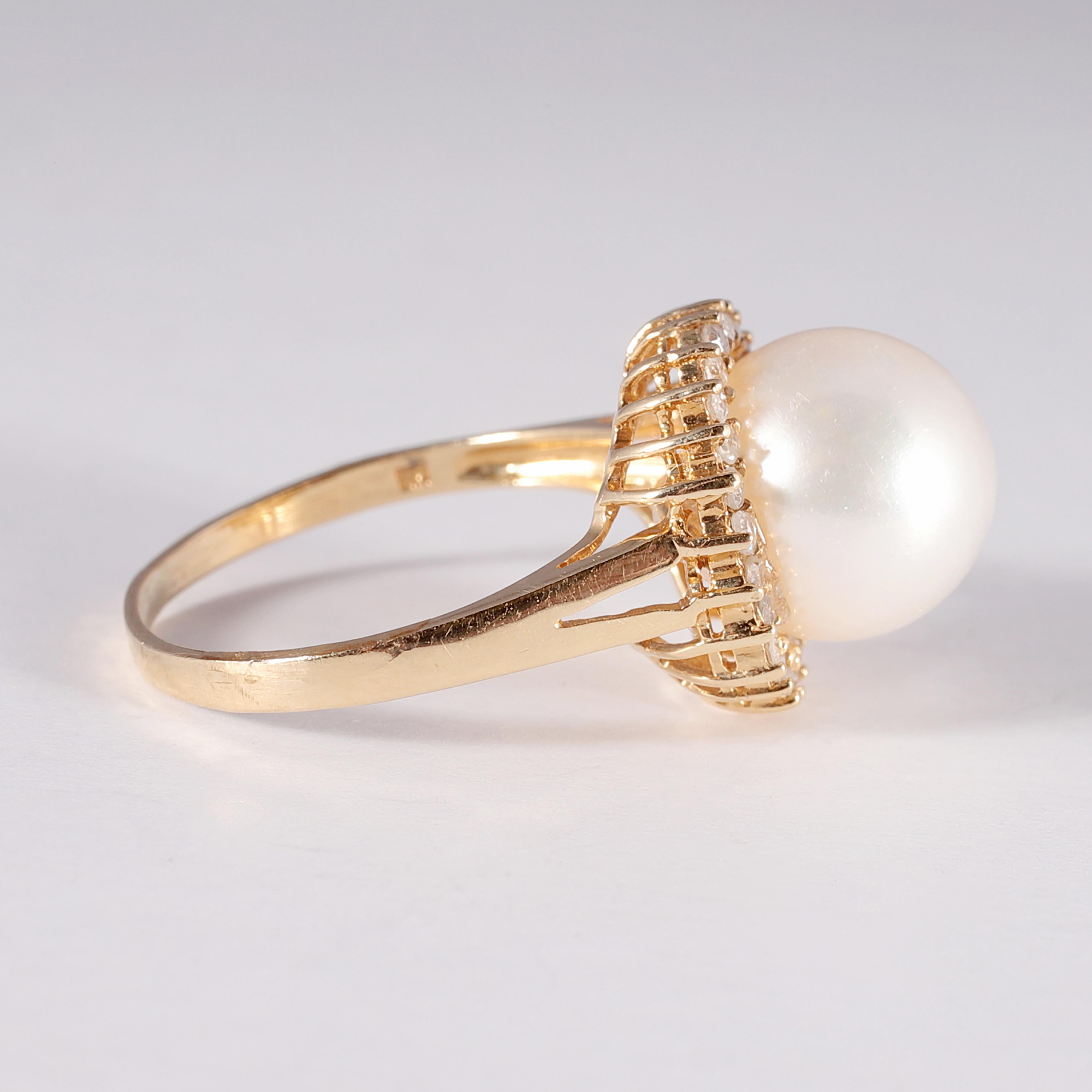 Yellow Gold Freshwater Cultured Pearl Diamond Ring For Sale 2