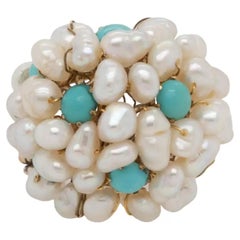 14k &amp; 18k Yellow Gold Freshwater Pearl and Turquoise Cluster Ring