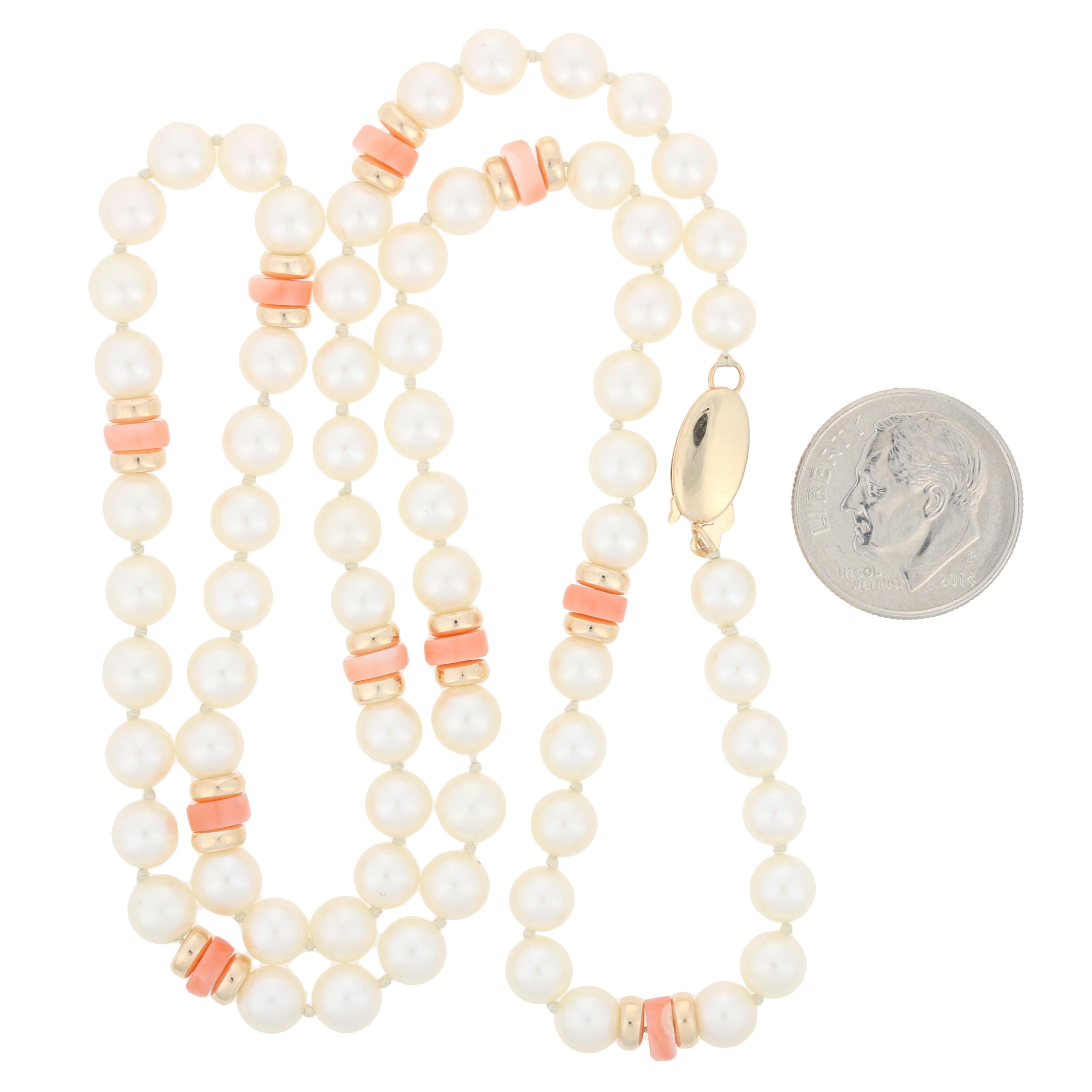 Bead Yellow Gold Freshwater Pearl & Coral Necklace, 14k Knotted Strand For Sale