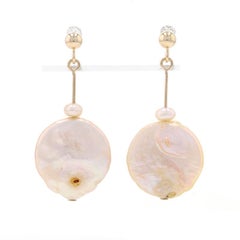 Yellow Gold Freshwater Pearl Dangle Earrings - 14k Circles Pierced
