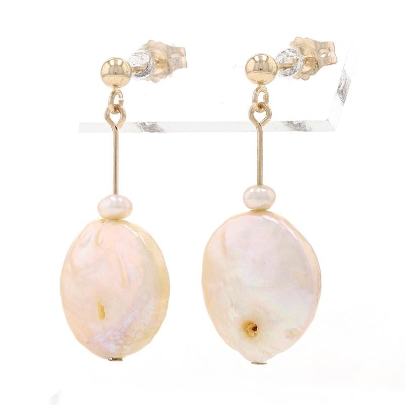Bead Yellow Gold Freshwater Pearl Dangle Earrings - 14k Circles Pierced For Sale
