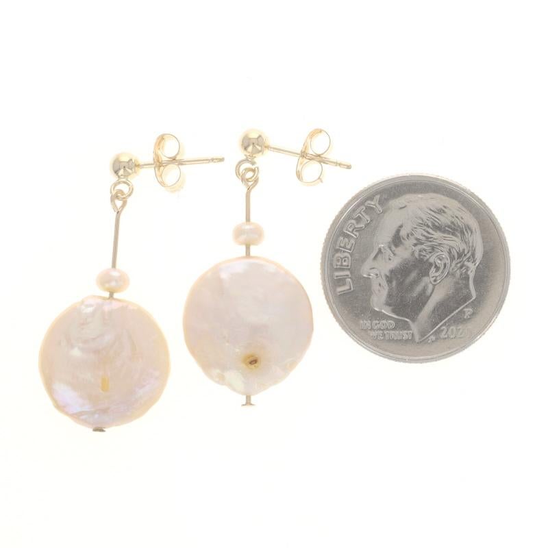 Yellow Gold Freshwater Pearl Dangle Earrings - 14k Circles Pierced In Excellent Condition For Sale In Greensboro, NC