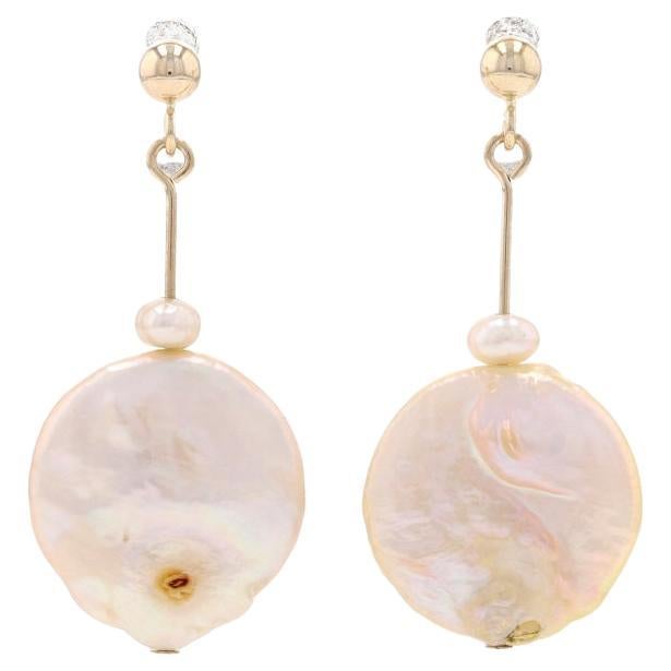 Yellow Gold Freshwater Pearl Dangle Earrings - 14k Circles Pierced For Sale