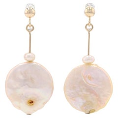 Vintage Yellow Gold Freshwater Pearl Dangle Earrings - 14k Circles Pierced