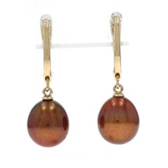 Yellow Gold Freshwater Pearl Dangle Earrings - 14k Pierced Treated