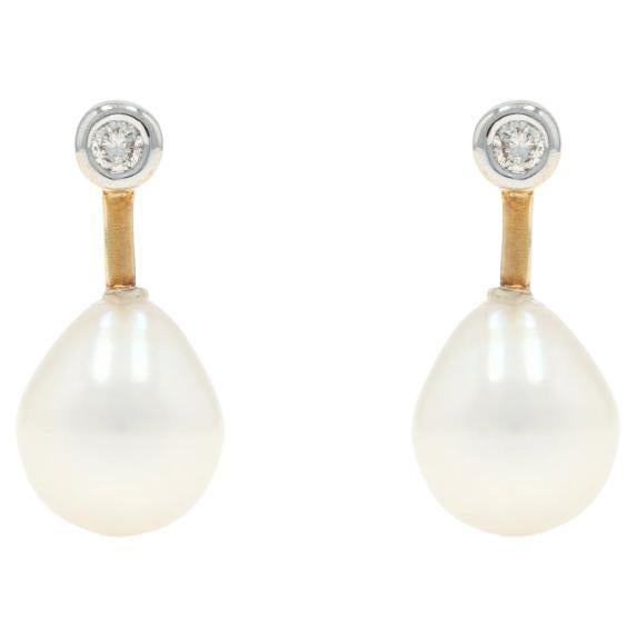 Yellow Gold Freshwater Pearl Diamond Drop Earrings - 14k Pierced