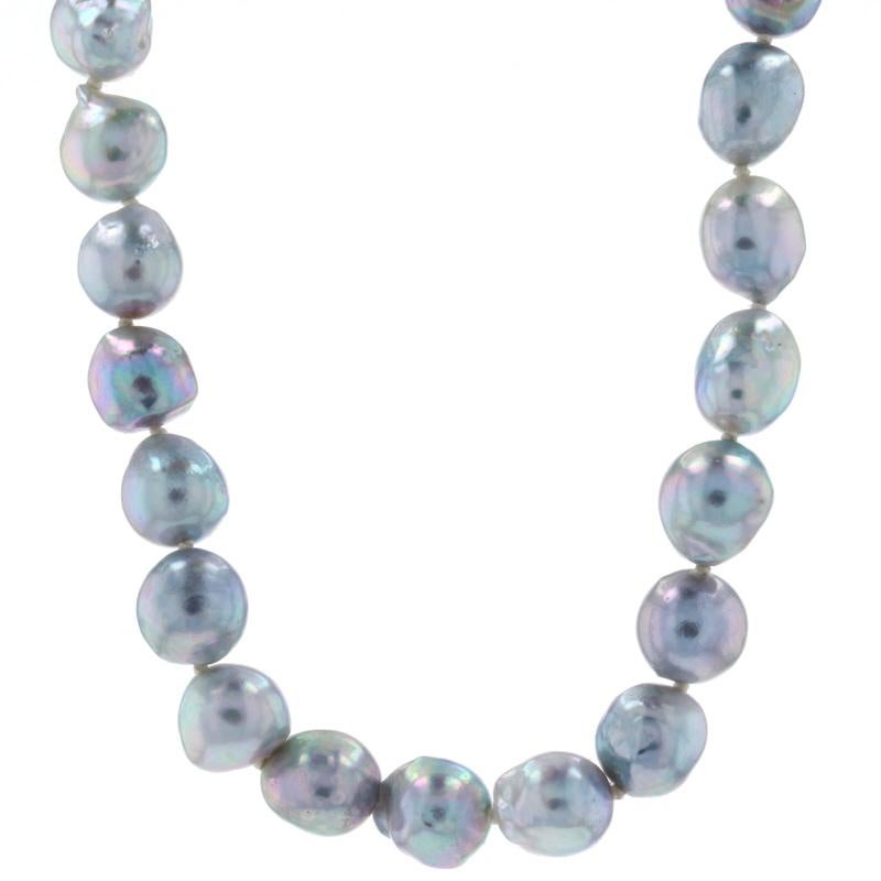 Metal Content: 14k Yellow Gold & 14k White Gold

Stone Information
Genuine Freshwater Pearls
Color: Grey

Natural Diamonds
Total Carats: .15ctw
Cut: Round Brilliant 
Color: I - J
Clarity: I1 - I2

Necklace Style: Knotted Strand
Fastening Type: Tab