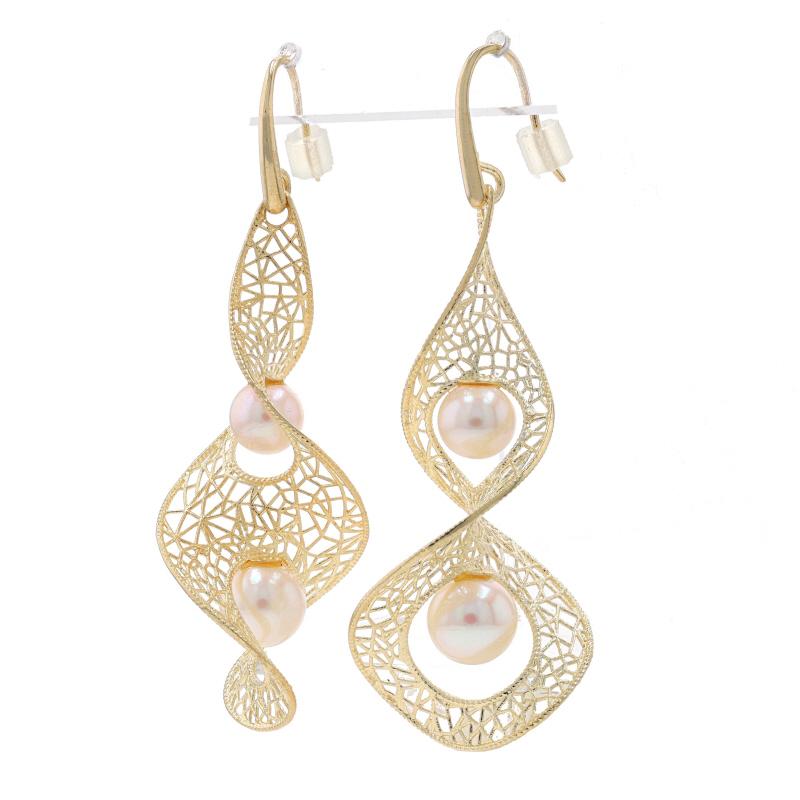 Bead Yellow Gold Freshwater Pearl Filigree Dangle Earrings 14k Tapered Spiral Pierced For Sale
