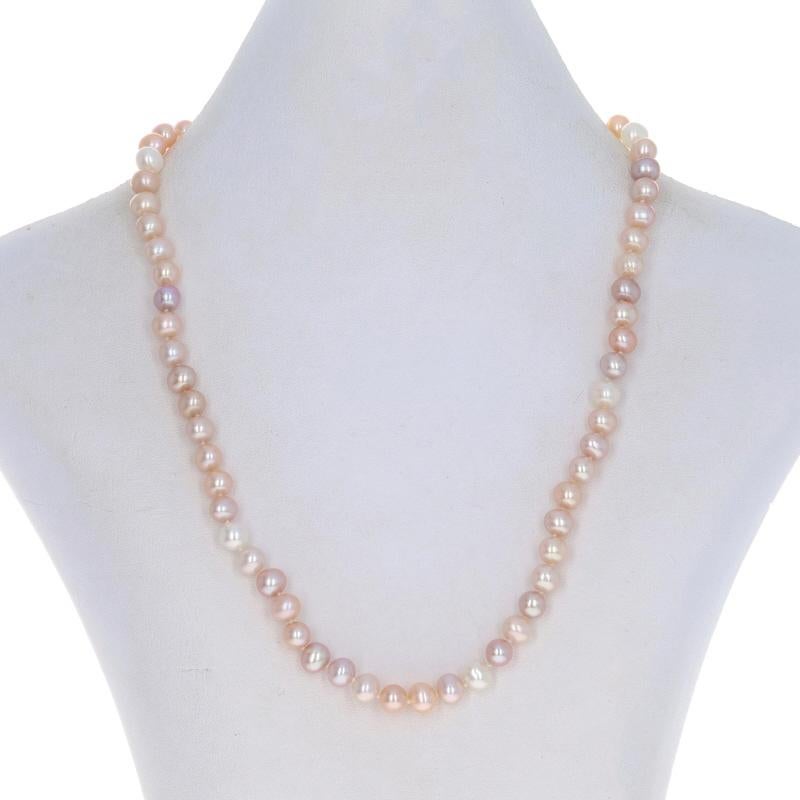 Metal Content: 14k Yellow Gold

Stone Information
Freshwater Pearls
Color: Light Purplish Pink, Peach, Cream, & White

Style: Knotted Strand
Fastening Type: Fishhook Clasp

Measurements
Length: 17 1/2
