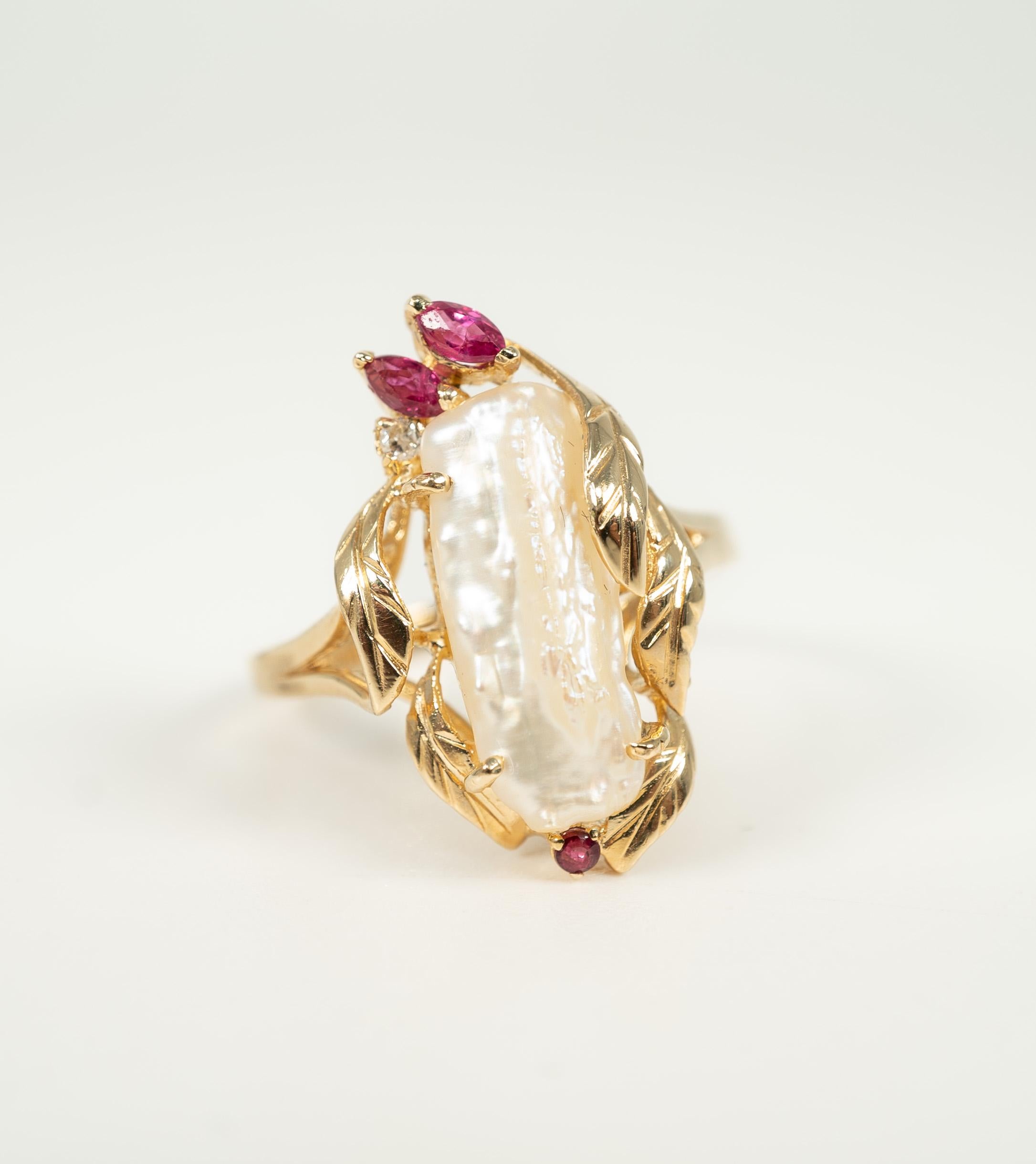 Round Cut Yellow Gold Freshwater Pearl Ruby Diamond Ring