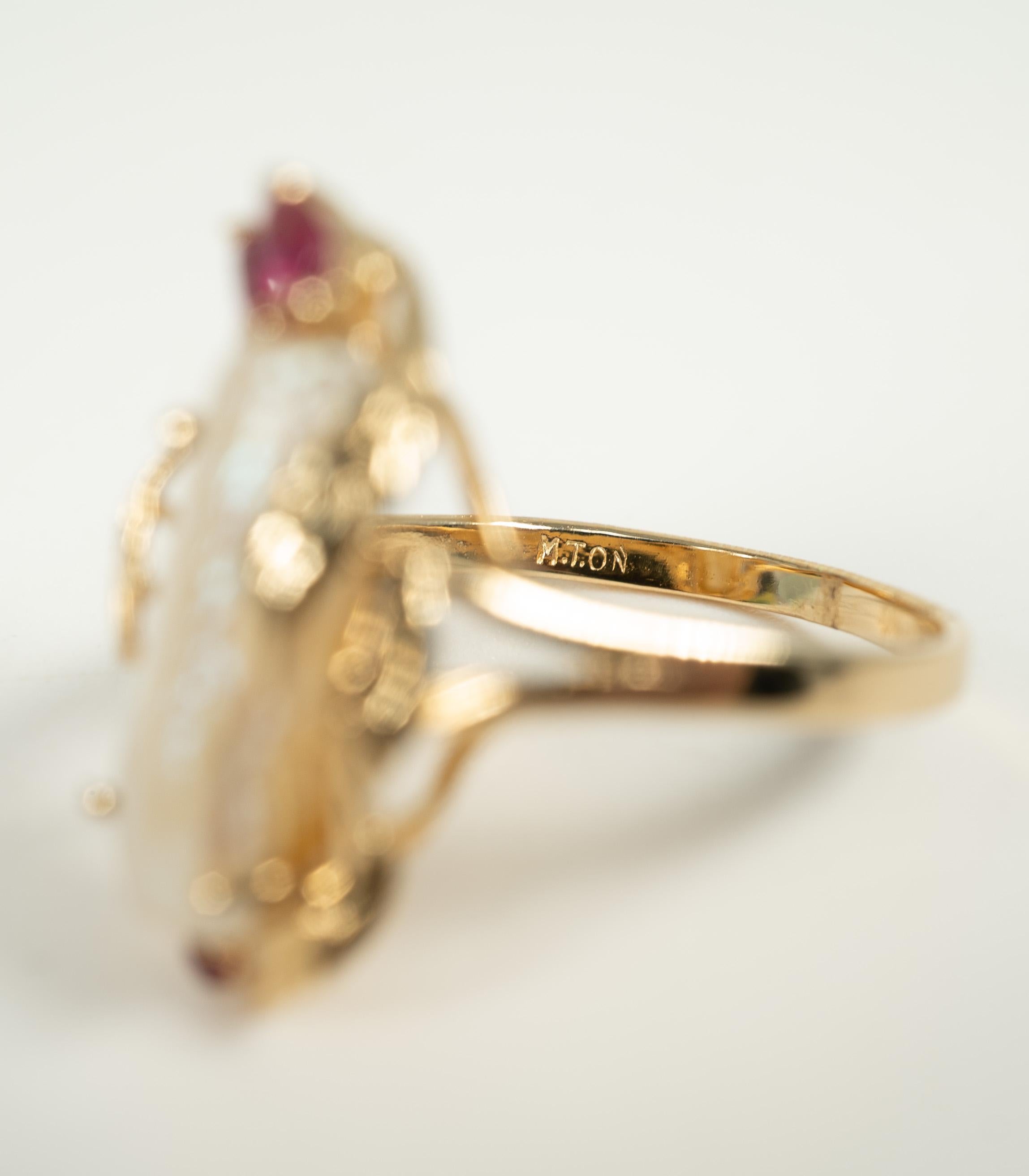 Women's or Men's Yellow Gold Freshwater Pearl Ruby Diamond Ring