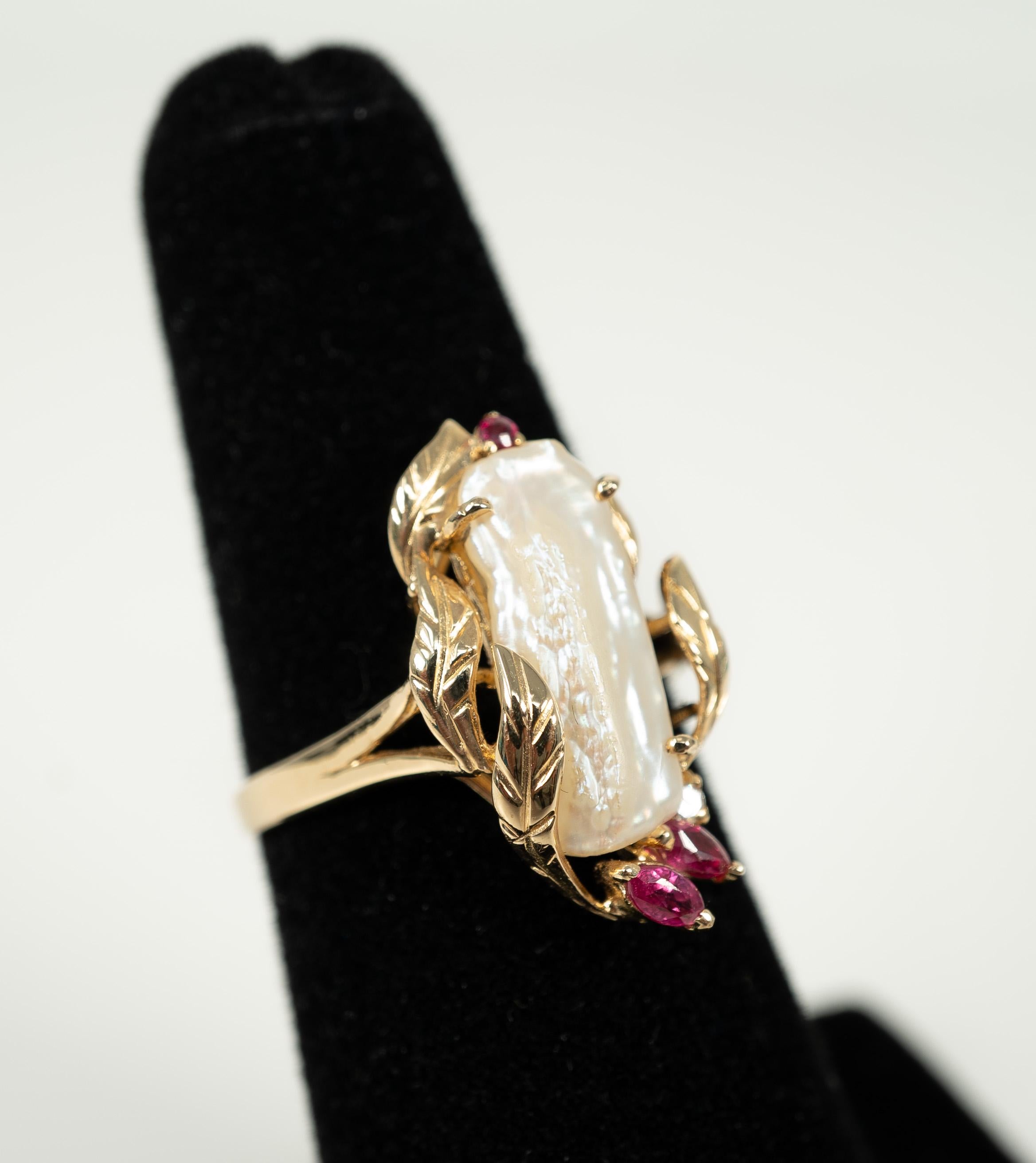 Yellow Gold Freshwater Pearl Ruby Diamond Ring 1