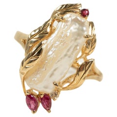 Yellow Gold Freshwater Pearl Ruby Diamond Ring