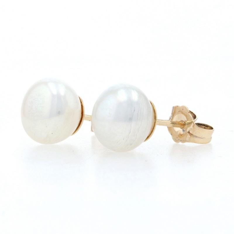 Bead Yellow Gold Freshwater Pearl Stud Earrings - 14k Pierced 8mm For Sale