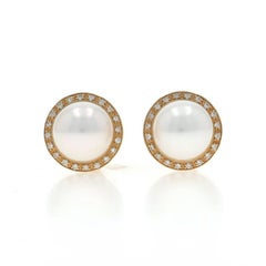 Yellow Gold Freshwater Pearls Diamond Halo Stud Earrings 14k .10ctw Pierced