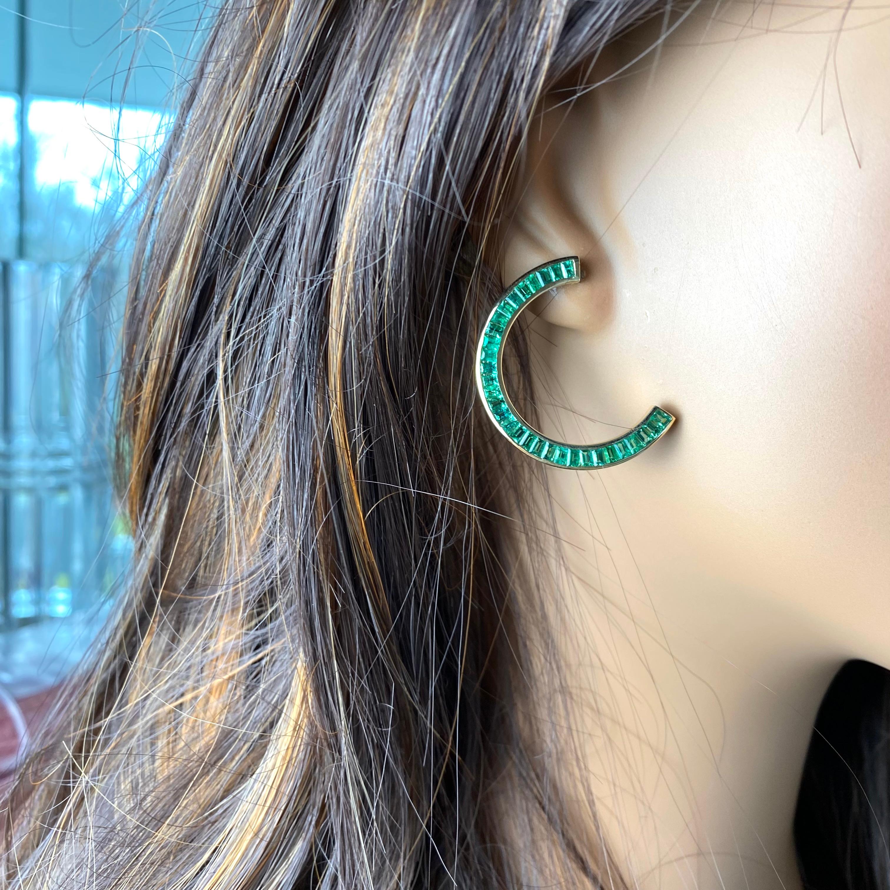Yellow Gold Front Facing Half Moon Earrings Baguette Emerald Weighing 7.20 Carat For Sale 4