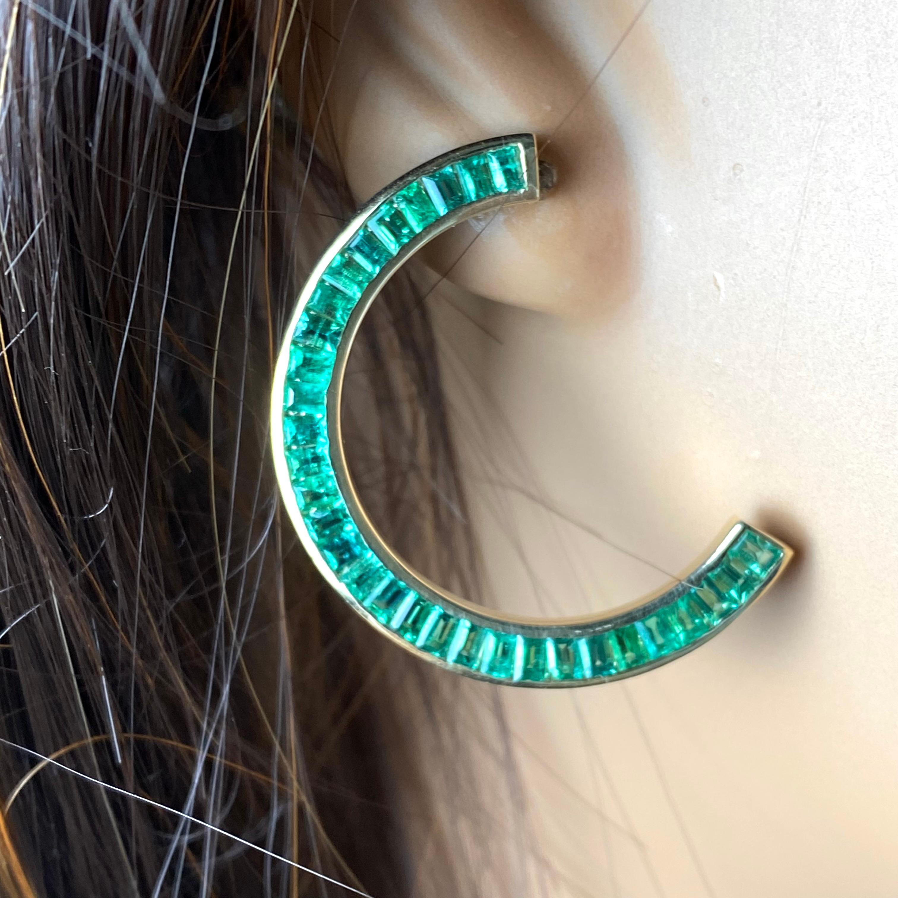 Contemporary Yellow Gold Front Facing Half Moon Earrings Baguette Emerald Weighing 7.20 Carat For Sale