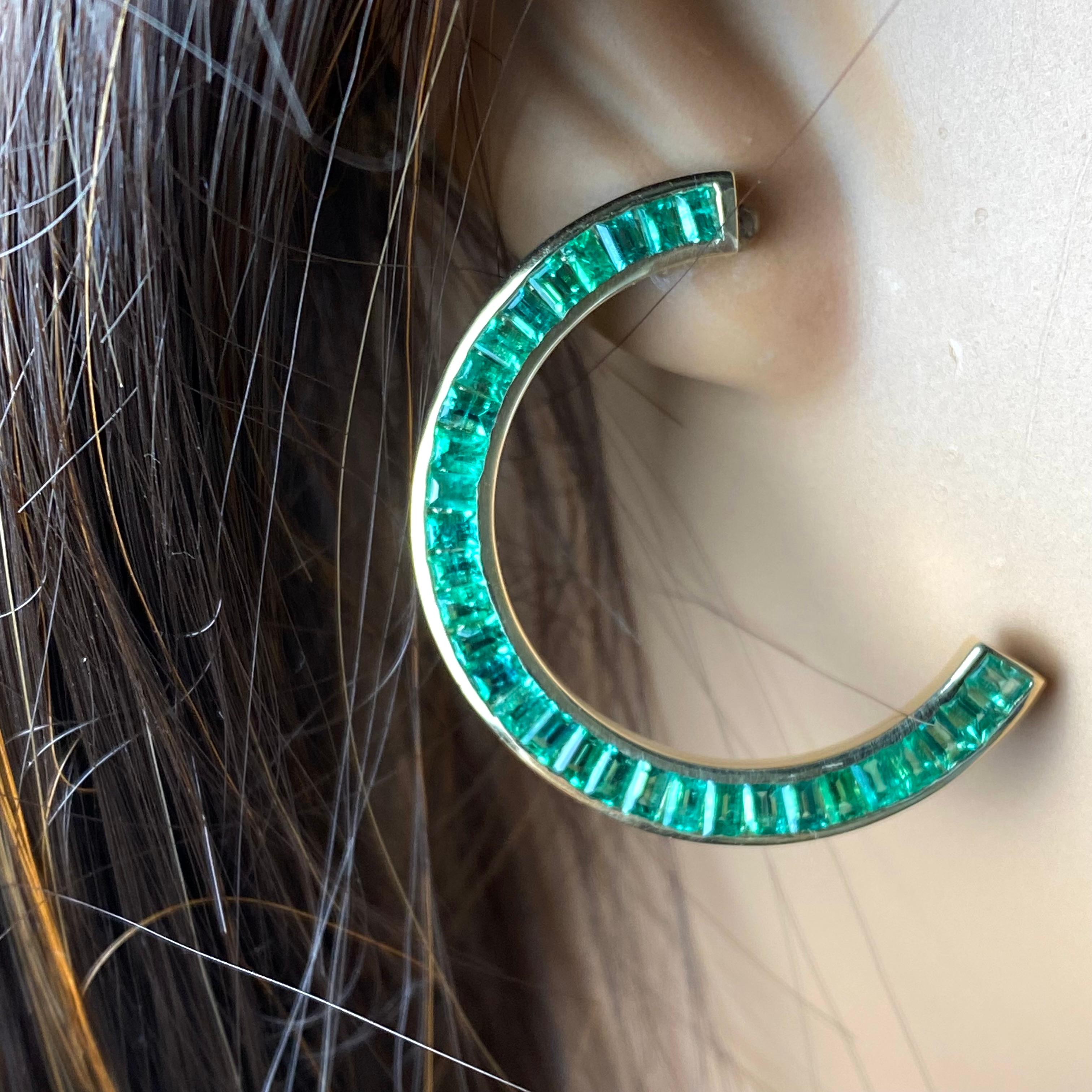 Yellow Gold Front Facing Half Moon Earrings Baguette Emerald Weighing 7.20 Carat For Sale 3