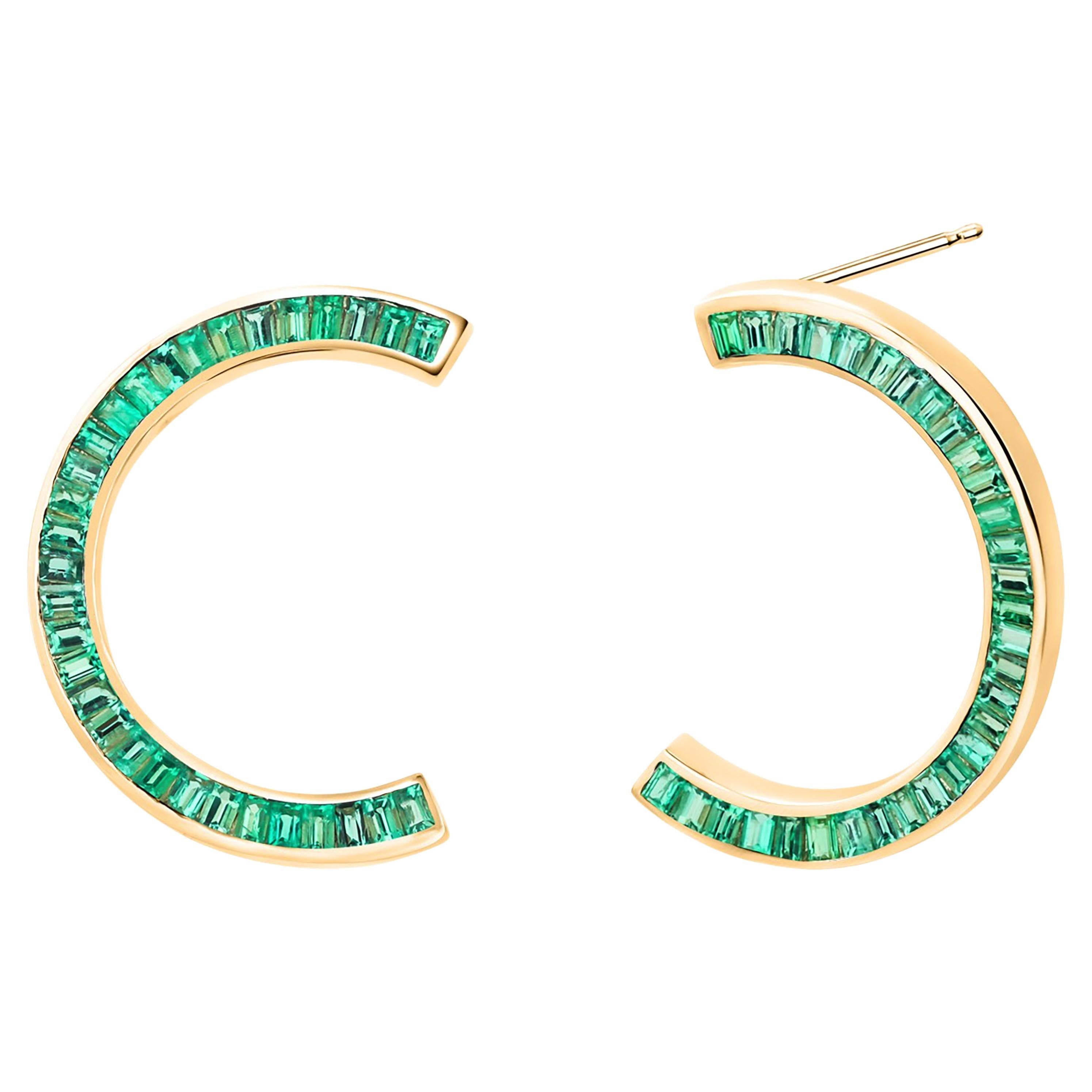 Yellow Gold Front Facing Half Moon Earrings Baguette Emerald Weighing 7.20 Carat For Sale
