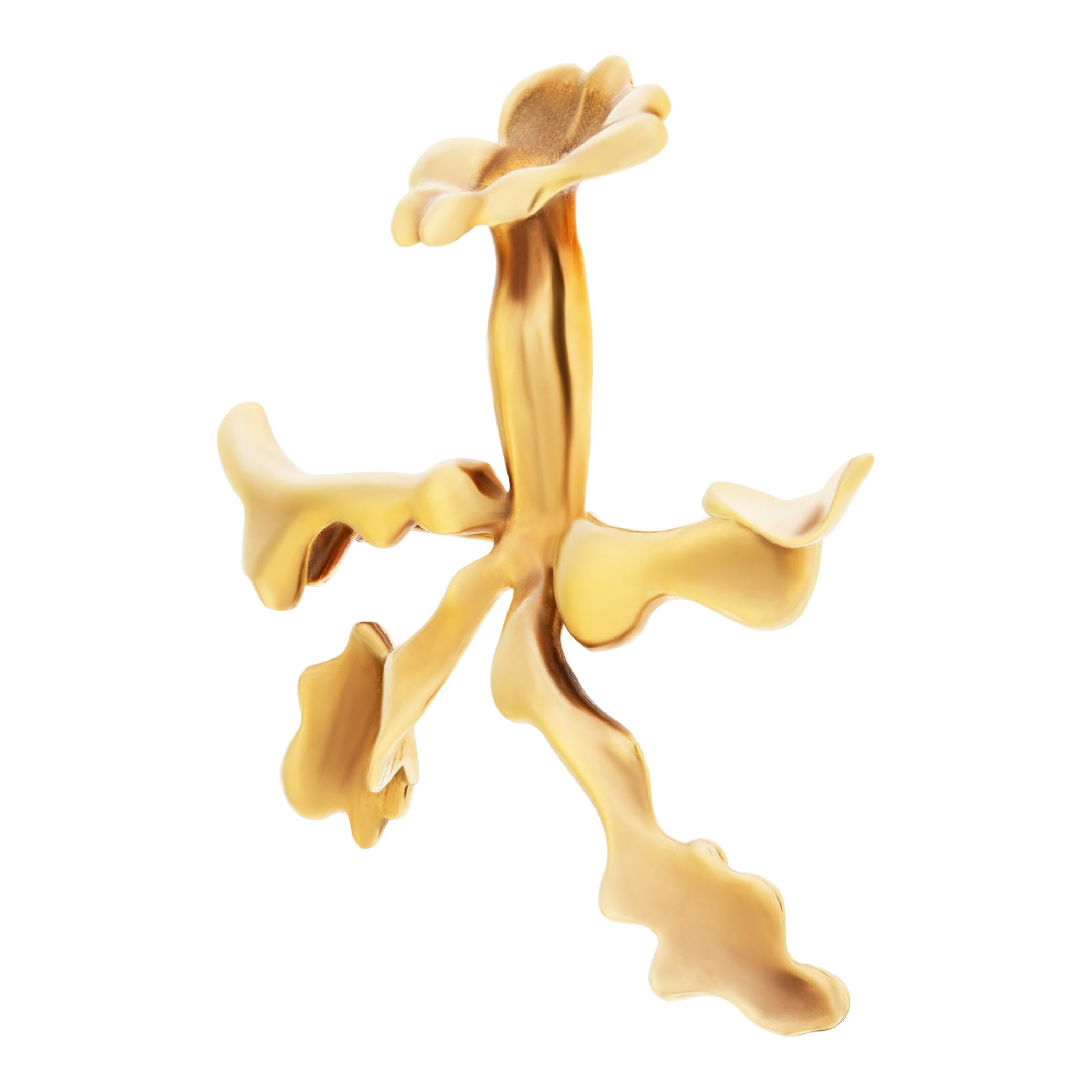 Satin finish orchid brooch in 18k yellow gold. 3 inches by 2 inches.
