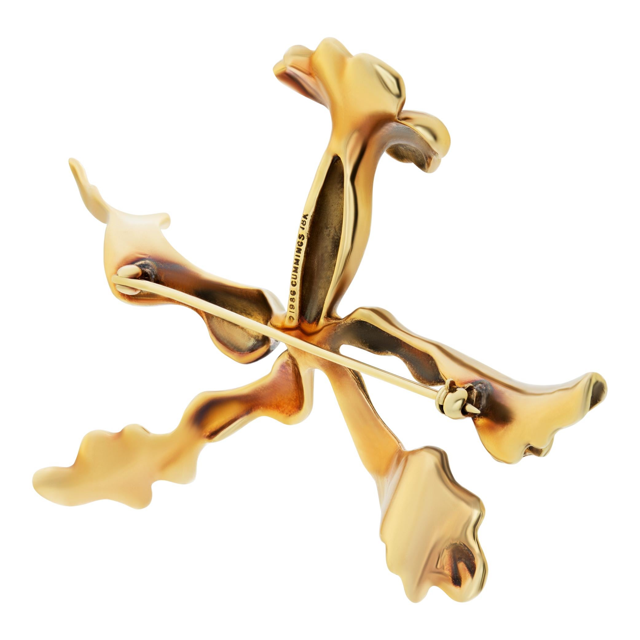 Yellow gold frosty orchid brooch In Excellent Condition In Surfside, FL