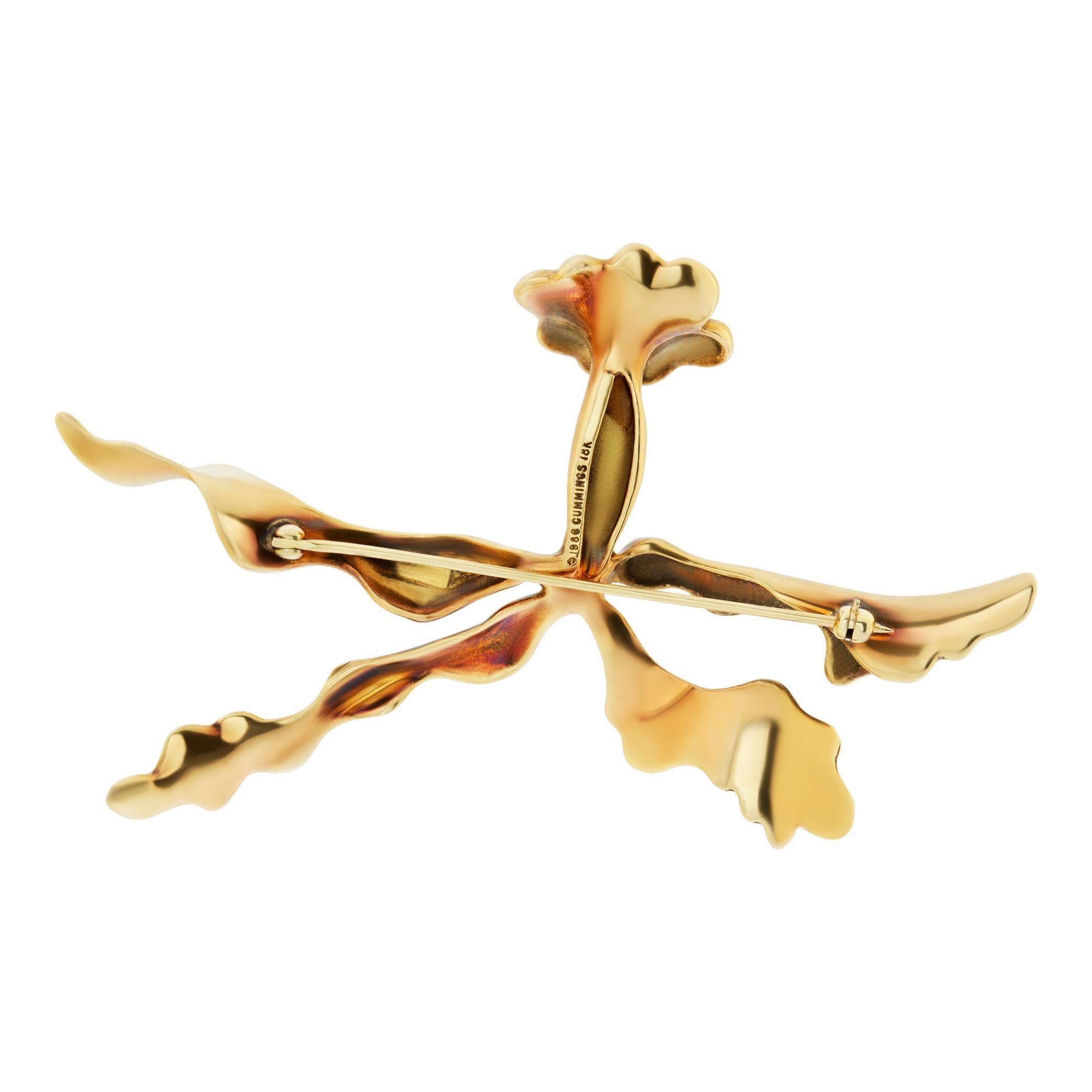 Women's Yellow gold frosty orchid brooch
