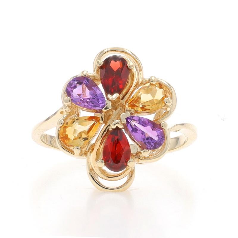 Size: 6
Sizing Fee: Up 3 sizes for $30 or Down 2 sizes for $30

Metal Content: 10k Yellow Gold

Stone Information

Natural Garnets
Carat(s): .50ctw
Cut: Pear
Color: Red

Natural Amethysts
Carat(s): .40ctw
Cut: Pear
Color: Purple

Natural