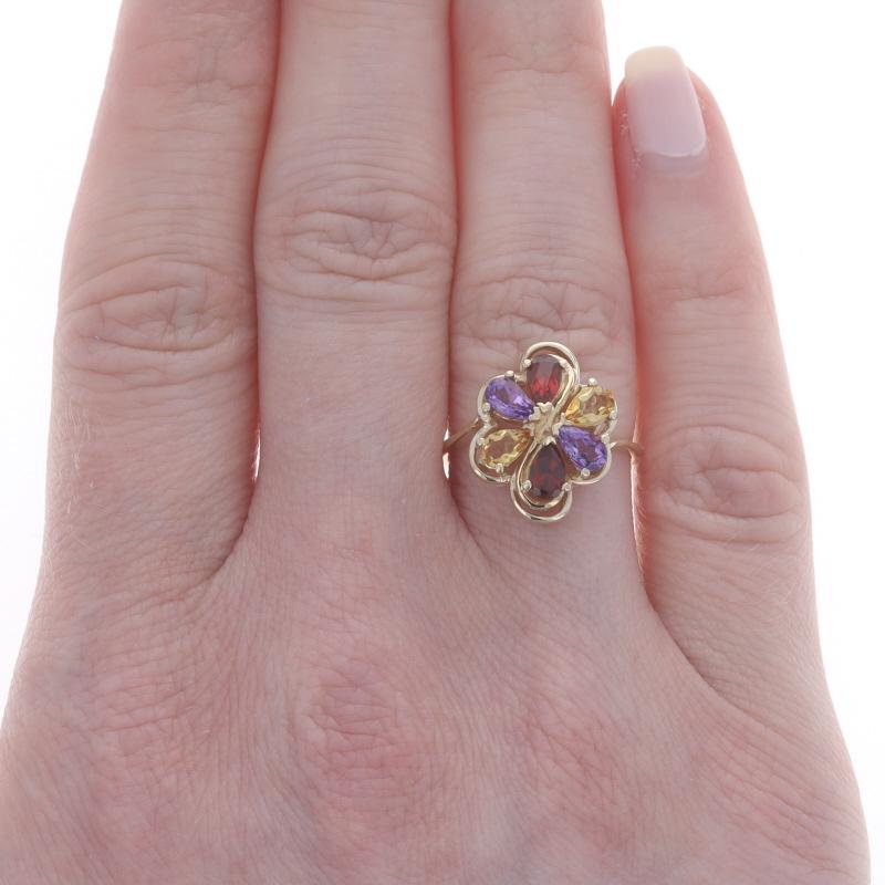 Pear Cut Yellow Gold Garnet Amethyst Citrine Cluster Bypass Ring -10k Pear 1.30ctw Flower For Sale