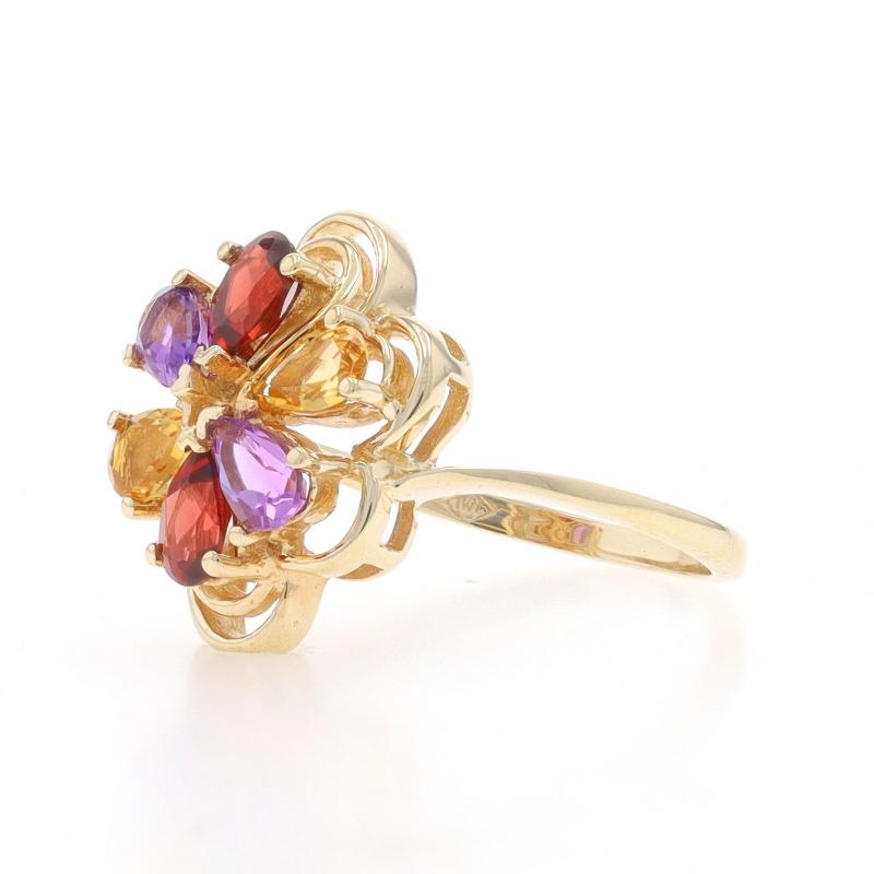 Yellow Gold Garnet Amethyst Citrine Cluster Bypass Ring -10k Pear 1.30ctw Flower In Excellent Condition For Sale In Greensboro, NC