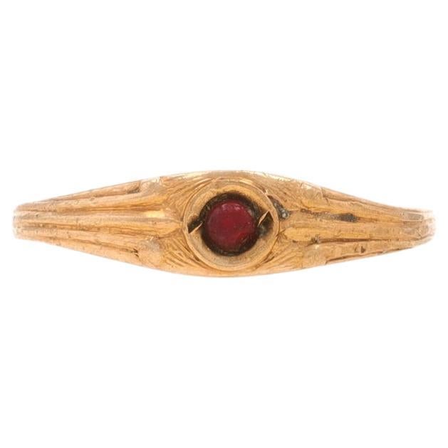 Yellow Gold Garnet Art Deco Solitaire Ring -10k Cab Vintage Child Midi Ring Sz 2 For Sale
