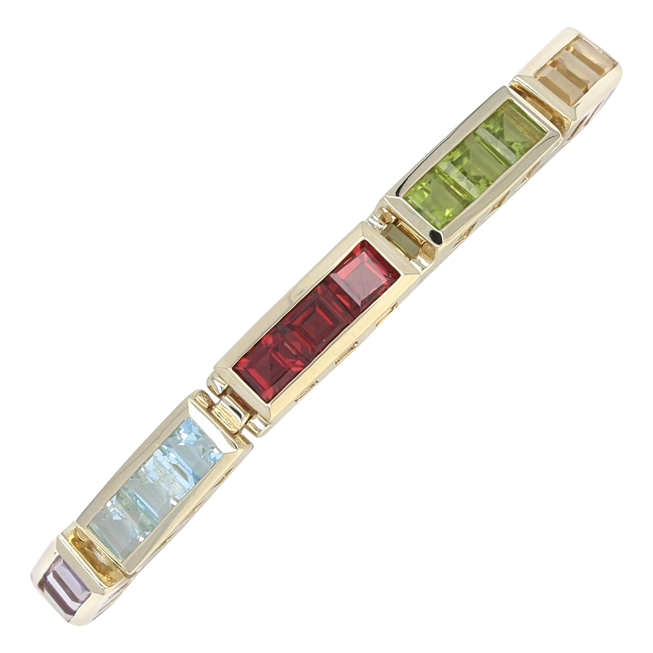 Gelbgold Granat Blautopas Peridot Gliederarmband, 14k Quadrat 15,60ctw