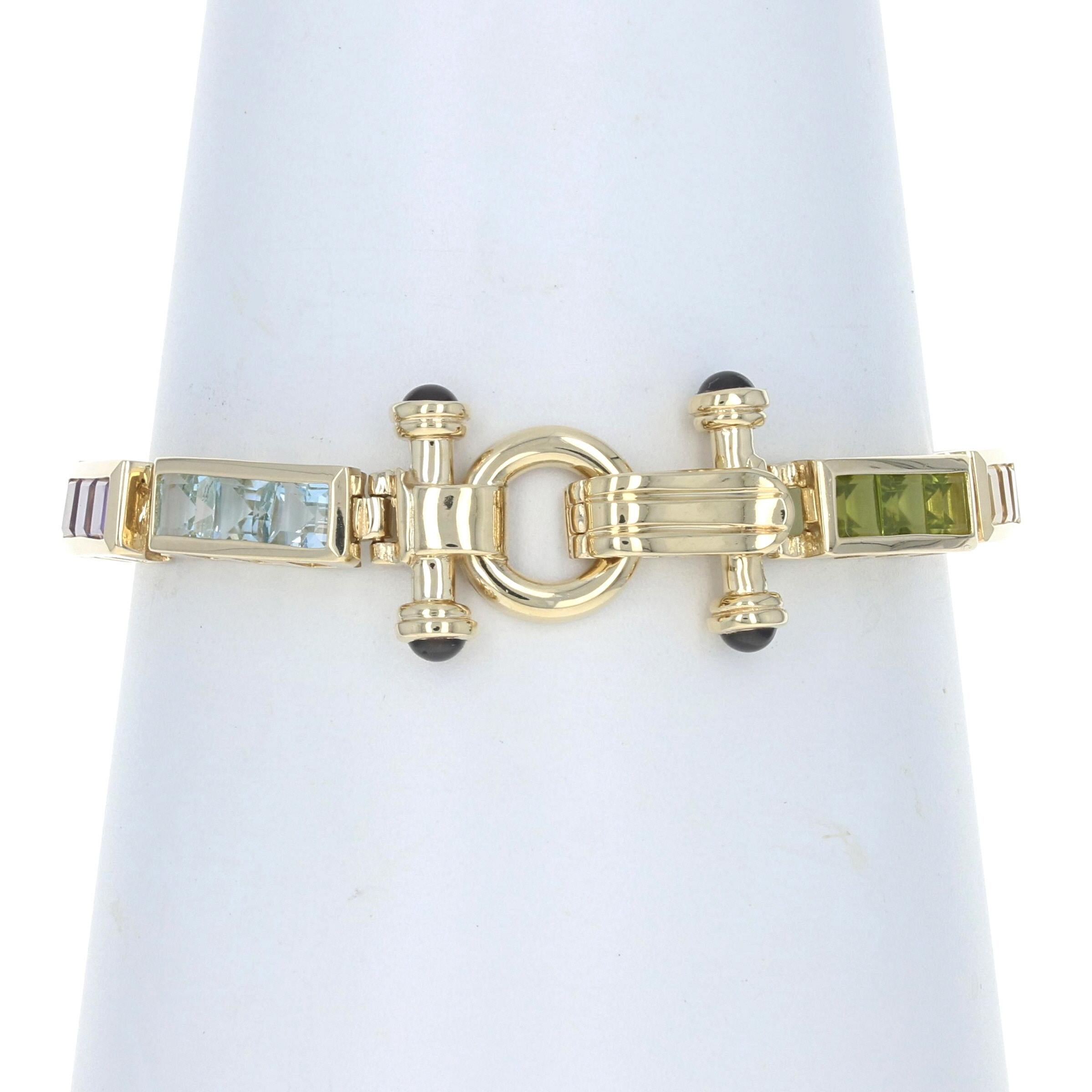 Yellow Gold Garnet Blue Topaz Peridot Link Bracelet, 14k Square 15.60ctw In Excellent Condition For Sale In Greensboro, NC