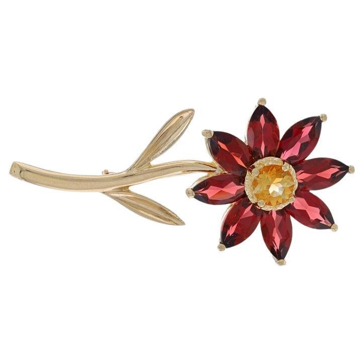 Yellow Gold Garnet & Citrine Flower Halo Brooch - 14k Marquise 4.00ctw Pin