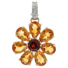 Ciondolo in oro giallo con granato, citrini, diamanti e calendule 14k, rotondo, 5,17 ct.