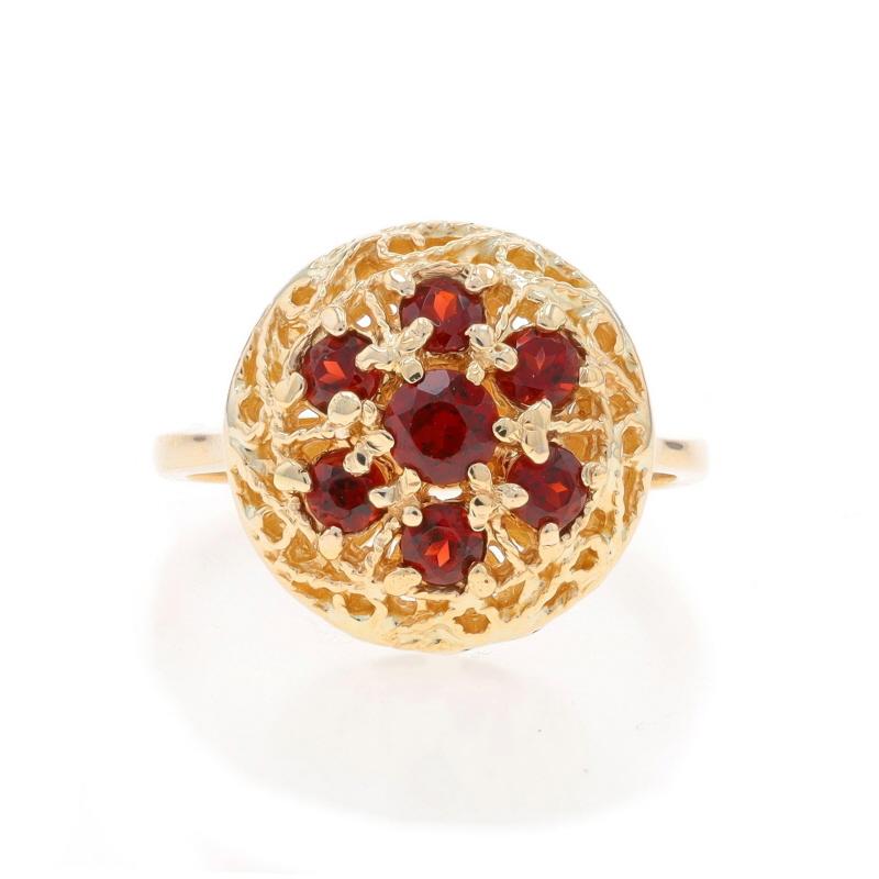 Size: 8 3/4
Sizing Fee: Up 3 sizes for $25 or Down 4 1/2 sizes for $25

Metal Content: 10k Yellow Gold

Stone Information

Natural Garnets
Carat(s): 1.00ctw
Cut: Round
Color: Red

Total Carats: 1.00ctw

Style: Cluster Cocktail
Theme: Floral