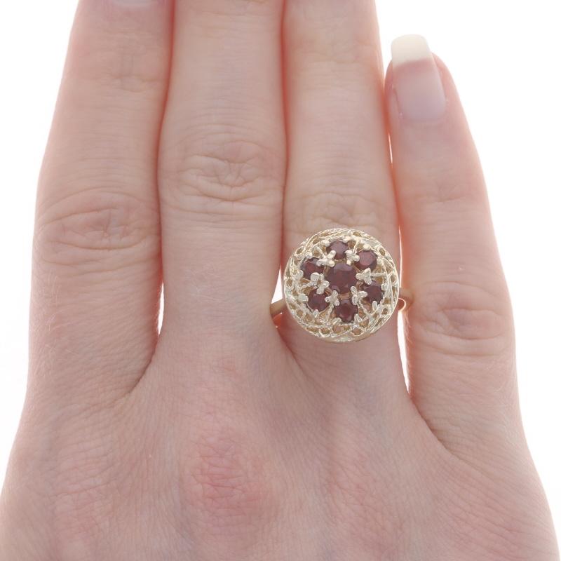 Round Cut Yellow Gold Garnet Cluster Cocktail Ring - 10k Round 1.00ctw Floral Medallion For Sale