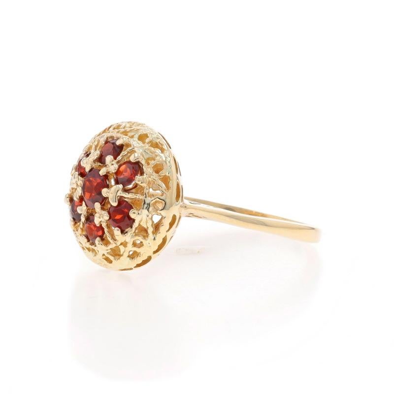 Yellow Gold Garnet Cluster Cocktail Ring - 10k Round 1.00ctw Floral Medallion In Excellent Condition For Sale In Greensboro, NC