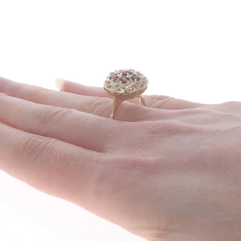 Women's Yellow Gold Garnet Cluster Cocktail Ring - 10k Round 1.00ctw Floral Medallion For Sale