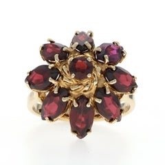 Yellow Gold Garnet Cluster Cocktail Ring - 14k Marquise & Round 5.20ctw Floral